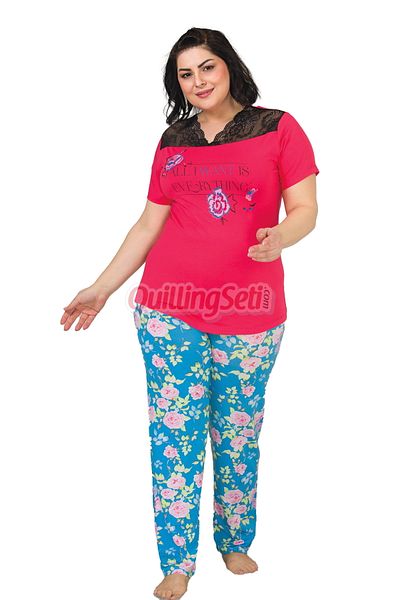 quilling Lady 10838 - Red and Blue Floral Print, Short Sleeve, Plus Size Pajama Set