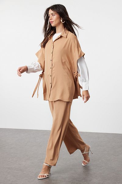 Trendyol Modest Beige Bird Eye Detailed Woven Aerobin Top and Bottom Set TCTSS24US00065