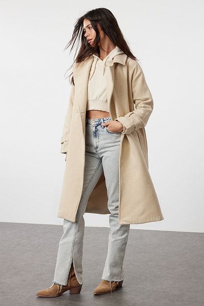 Trendyol Collection Dlouhý vlněný oversize kabátek - s páskem, TWOAW22KB0015