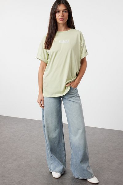 Trendyol Collection Mátové 100% bavlněné zadní a přední potištěné oversize/široký střih pletené tričko TWOSS24TS00183