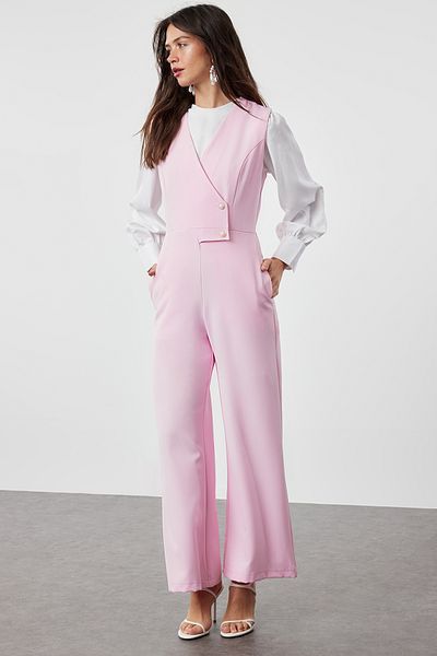Trendyol Modest Rosa Jumpsuit mit weitem Bein und Perlendetail - TCTSS24TL00005