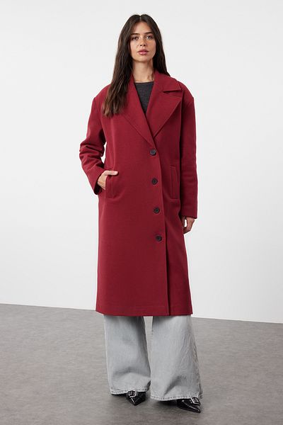 Trendyol Collection Palton oversize roșu claret cu textura moale - Închidere asimetrică TWOAW25KB00009