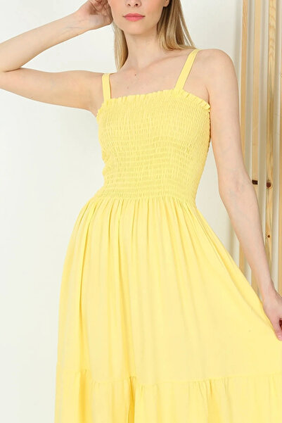 KaSheHa Kalın Askılı Eteği Fırfırlı Üstü Gipeli Yazlık Elbise 125 Cm