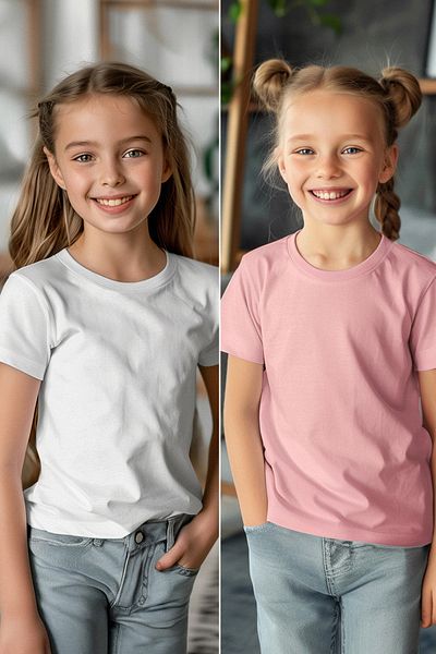 TRENDYOLKIDS Dívčí dvojité základní balení – bílo-růžové pletené tričko s výstřihem TKDSS24TS00018