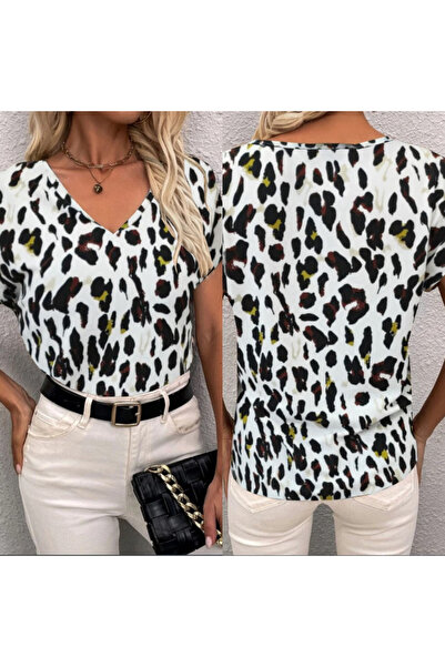 Moka Shopin V-Neck Leopard Print Women's Short Sleeve Crepe Blouse