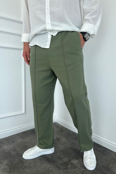 MADZEYMODA Men's Baggy Loose Fit Elastic Waist Khaki Green Striped Trousers