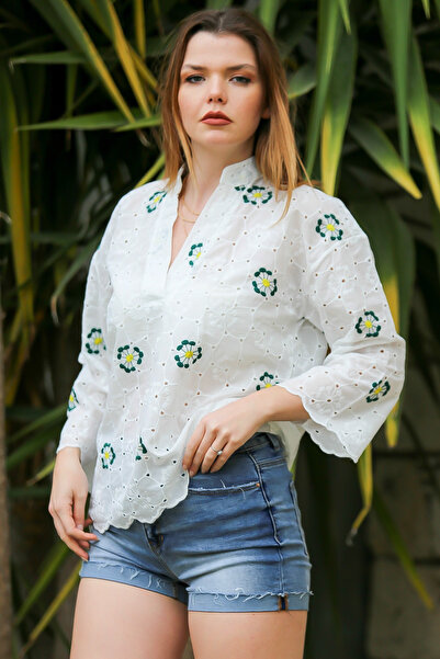 Chiccy Ecru High Collar - Long Sleeve and Embroidered Scalloped Casual Blouse