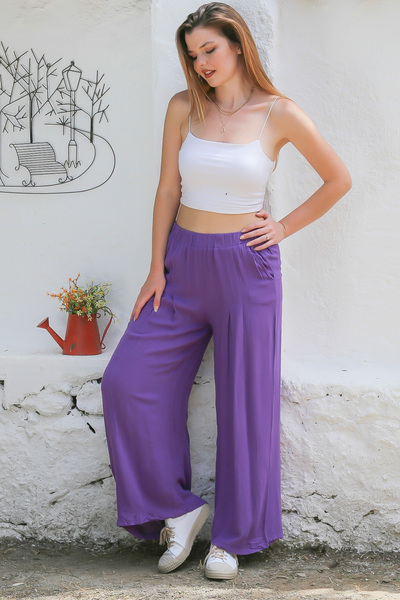 Chiccy Παντελόνι με φαρδύ πόδι - Μωβ πλισέ υφαντό ελαστικό casual παντελόνι