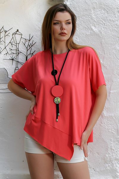 Chiccy Ασύμμετρη μπλούζα με χαμηλό μανίκι ρόδι - στρογγυλή λαιμόκοψη