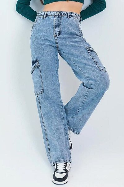 Asortix Girl's Cargo Pocket Detailed High Waist Wide Leg Jeans