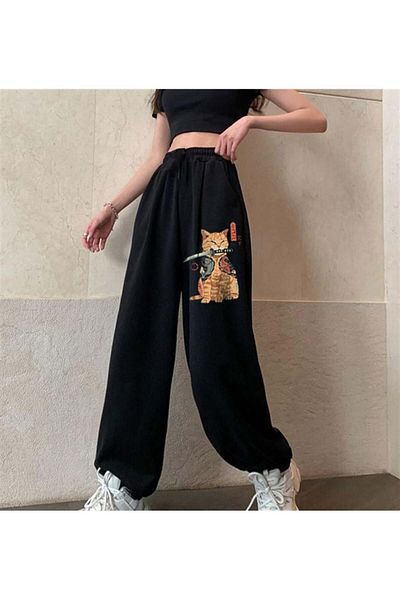 Touz Moda Killer Cat Printed Oversize Unisex Black Sweatpants