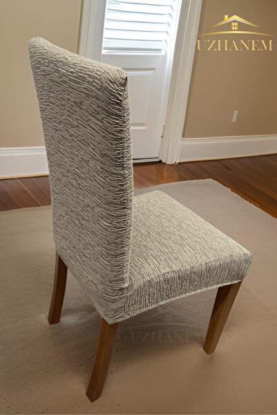 uzhanem Streçli Lastikli Likralı Esnek Sandalye Örtüsü Düz Desen Jakarlı Sandalye Kılıfı (6ADET) Vizon
