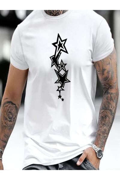 CLASSY.MODA تي شيرت أبيض كبير الحجم مطبوع - رقبة دائرية، كم قصير