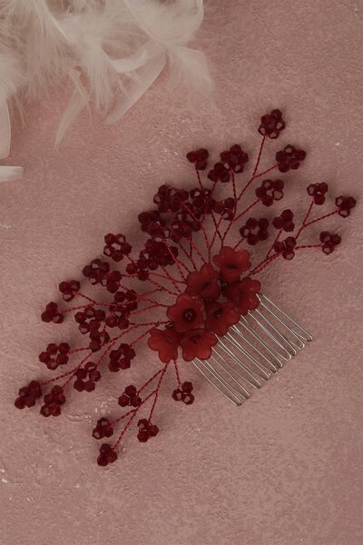 Limelia Bordo Çiçek Boncuklu Gelin Saç Aksesuarı Tarak Tokası