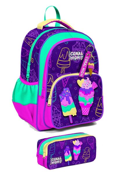 Coral High İlkokul Sırt Çantası ve Kalemlik Seti - Kız Çocuk - Mor Pembe Dond...
