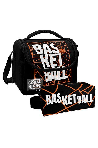 Coral High Set cutie de prânz și suport pentru stilou cu model de baschet negru pentru băiat