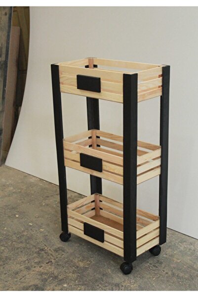 Demwood 40x20x75 Ebatlarında Naturel Siyah Tekerli Ahşap Sebzelik Dolap Raf