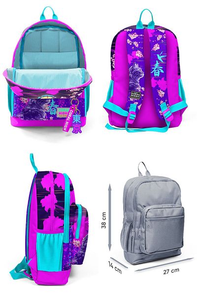 Coral High Set rucsac și suport stilou pentru școala primară pentru fetiță - pisică anime violet roz