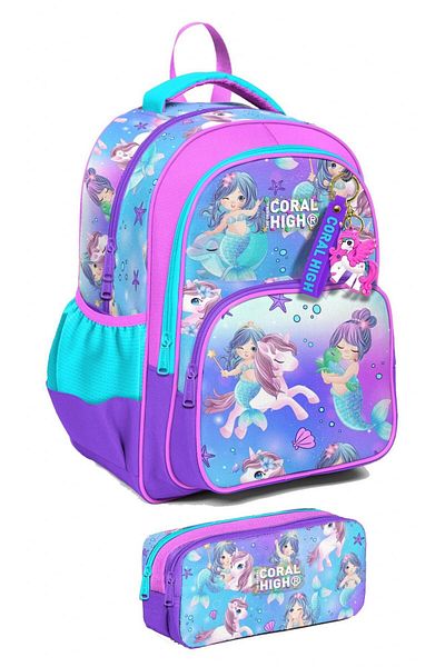 Coral High Purple Pink Unicorn Patterned Girl's Primary School Backpack and Pen Holder Set