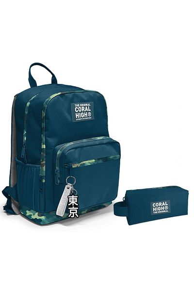 Coral High Nefti Camouflage Four Compartment Junior High School Backpack and Pen Holder Set for Boy