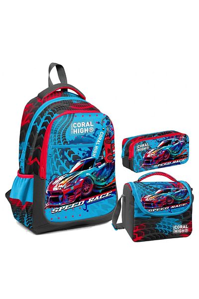 Coral High Gray Blue Primary School Bag for Boy - Three Compartments, Race Car Pattern