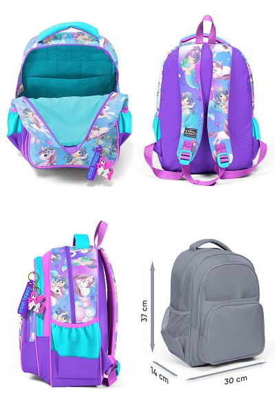Coral High Purple Pink Unicorn Patterned Girl's Primary School Backpack and Pen Holder Set
