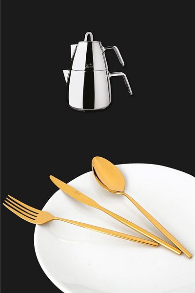Jumbo 5900 Infinity 12 Person 84 Piece Titanium Gold Fork Spoon Knife Set + Teos Teapot