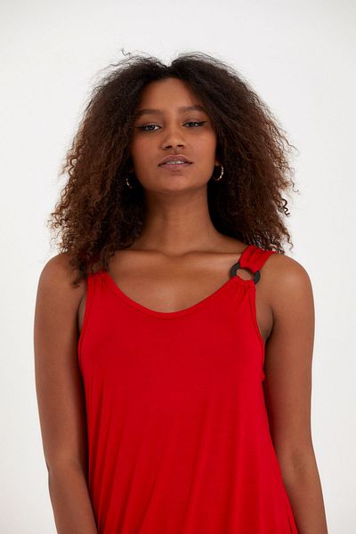 MEBA Red Summer Thick Strap Asymmetric Cut Lycra Combed Cotton Dress