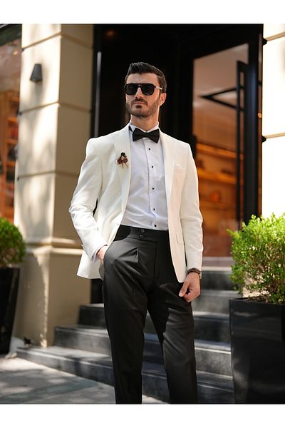 LONATOLİA Men's White Tuxedo - Groom Suit Slim Fit Italian Style Jacket and Pants Set LNTCOM2710-10