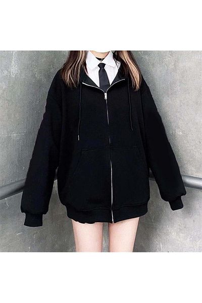 Touz Moda Street Style Plain Oversize Black Unisex Hooded Cardigan