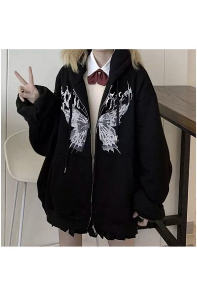 Touz Moda Φούτερ με φερμουάρ Touz Harajuku Butterfly Black (UNISEX).