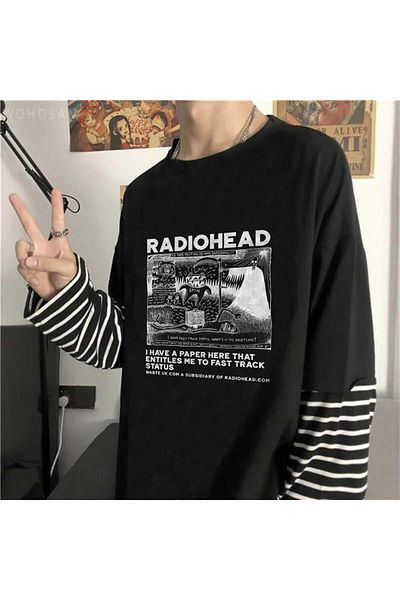 Touz Moda Unisex Black T-shirt - Radiohead Printed, Fake Sleeves