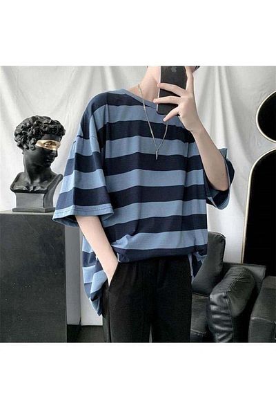 Touz Moda Tricou oversize unisex cu dungi albastre negre