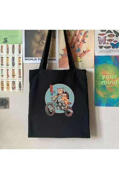 Touz Moda Geantă din pânză neagră pisică Samurai