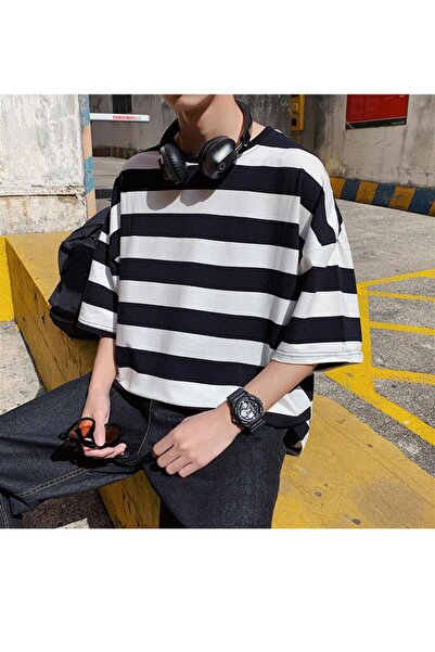 Touz Moda Siyah Beyaz Çizgili Unisex Oversize T-shirt