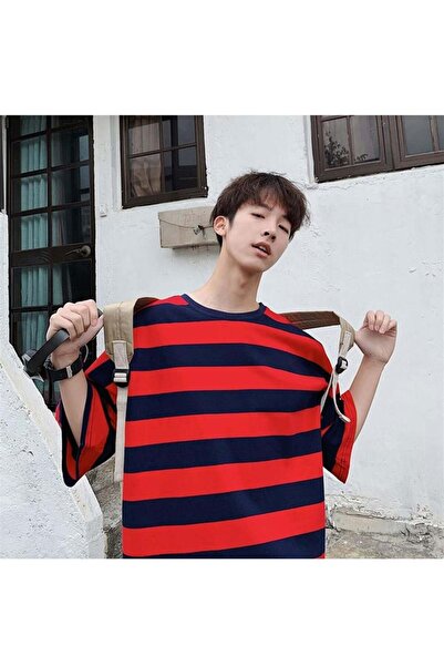 Touz Moda Unisex Black Red Striped Oversize T-shirt