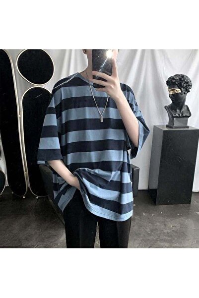 Touz Moda Μπλουζάκι Unisex Oversize με Μπλε Μαύρο Ριγέ
