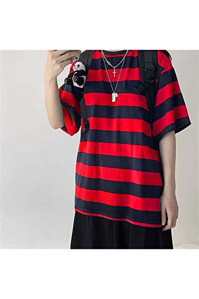 Touz Moda Unisex Black Red Striped Oversize T-shirt