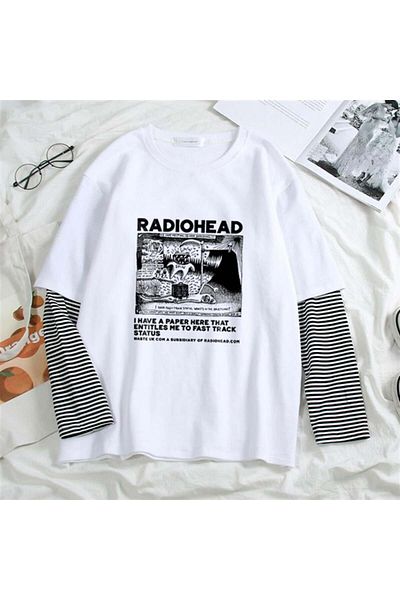 Touz Moda تي شيرت أبيض مطبوع للجنسين من Radiohead - أكمام مزيفة