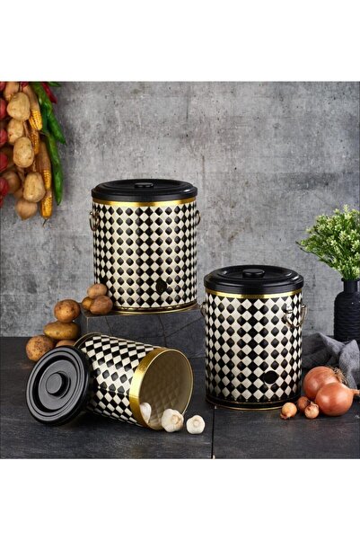 VİP AHMET Lüks Damalı Metal Patates Soğan Sarımsak Kovası 3’lü Set - Saklama ...