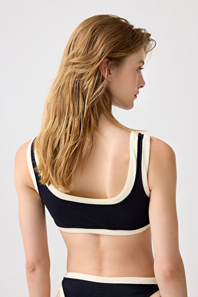 Los Ojos Melodi Siyah-Krem Fitilli Kare Yaka Bikini Üstü Vintage Top