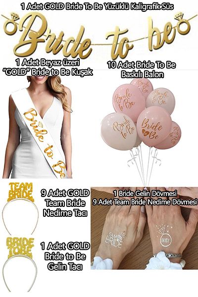 Parti dolabı Wedding Dress Set - 1 Sash, 10 Balloons, 10 Tattoos and 10 Crowns (Veda Concept Gold)