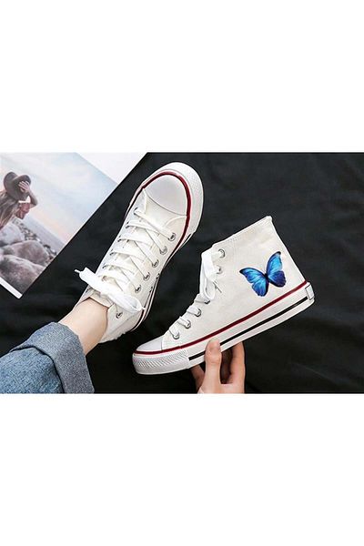 Touz Moda Pantofi Canvas Unisex Albi - Imprimat Fluture Albastru