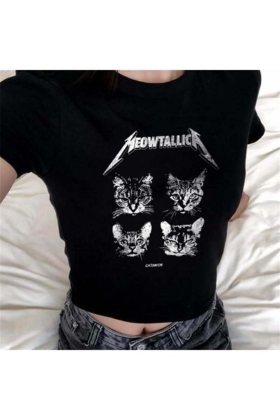 Touz Moda Meow'tallica Printed Black Crop