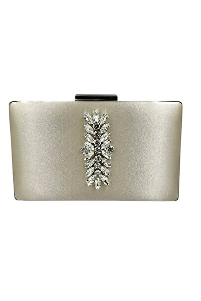 MidStore Geantă de seară nude din material satinat, cu carcasă argintie și pi...