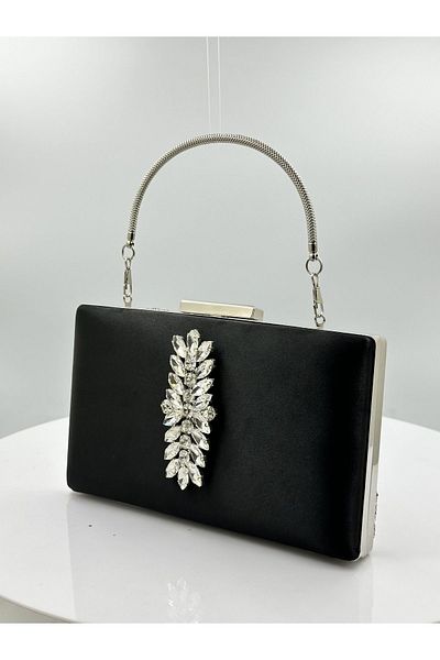 MidStore Culoare Neagră Satin Cu Carcasă Argintiu Piatră Argintie Geanta Rochie De Seara Geanta De Seara Portofoliu De Logodna Nunta