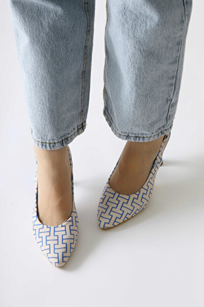 Limoya Ernesa Mavi Geometrik Desenli Topuklu Kadın Ayakkabı Fırsat Ürünü