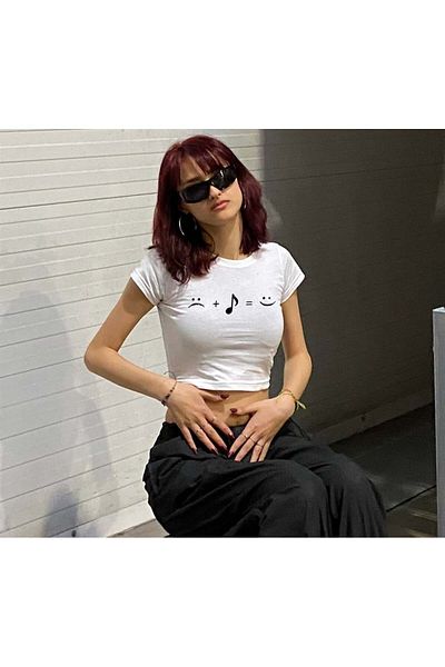 Touz Moda Music Equals Happiniess Printed White Crop