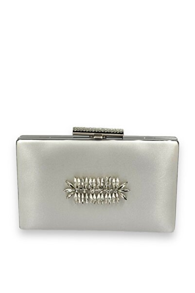 MidStore Geantă de seară satin cu cristale, culoare ecru perlată, alb perlat, pentru nuntă, absolvire, ceremonii.