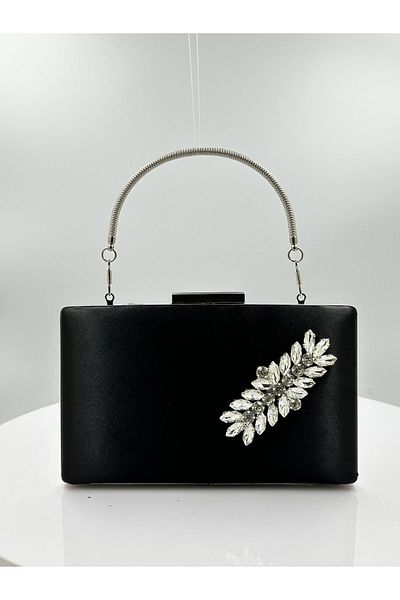 MidStore Culoare Neagră Satin Cu Carcasă Argintiu Piatră Argintie Geanta Rochie De Seara Geanta De Seara Portofoliu De Logodna Nunta